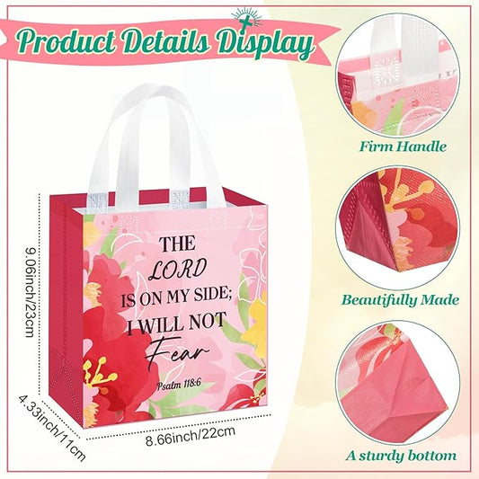 HunnmingRe 32 Pcs Christian Gift Bags Bulk, Easter Reusable Flower Religious Bible Verse Tote with Handles Non Woven Scripture Pastor Blessing Gift for Baptism Church Wedding Favors