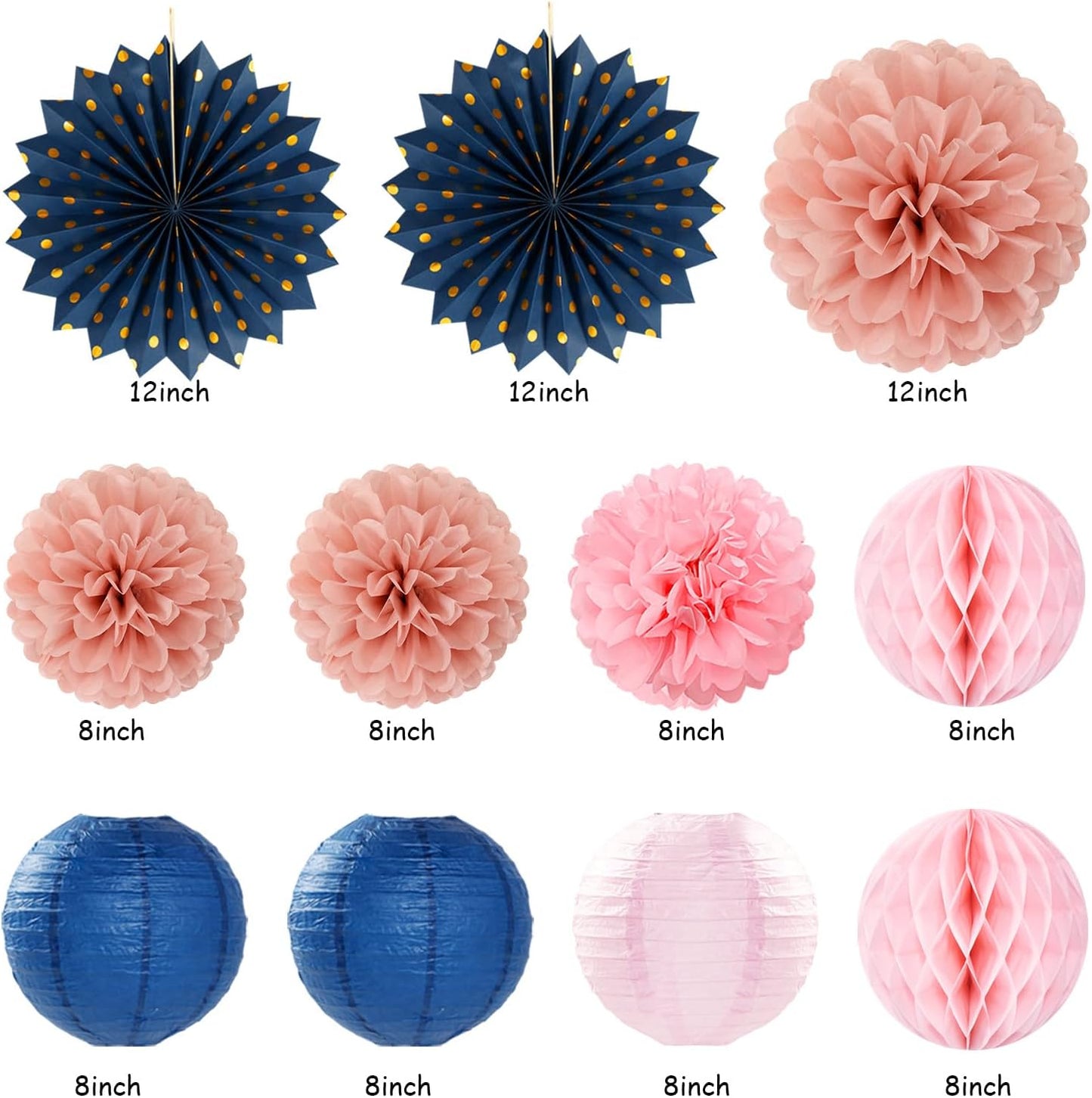 Pink Rose-Gold Navy-Blue Birthday Party-decorations - 21pcs Women Girl Happy Banner Garland, Paper Streamers Lanterns,Flower Tissue Pom Poms Fan Supplies, Princess Wall Backdrop Decor Huglony