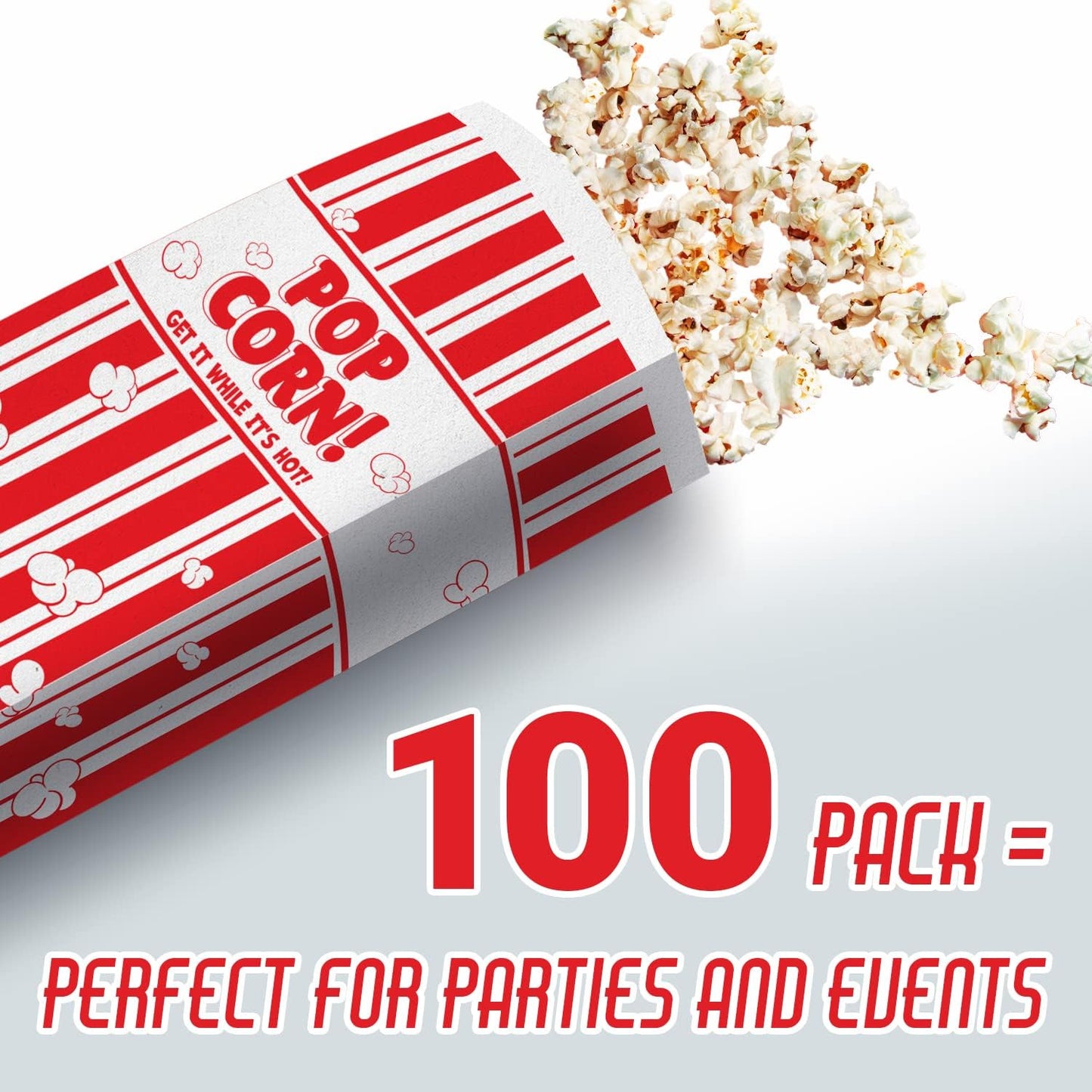 Leak-proof Grease Resistant Retro Popcorn Bags 100 pack Single Serving 1oz Paper Sleeves in Nostalgic Red/White Design Movie Theme Party and Old Fashioned Carnivals & Fundraisers Old School Supplies