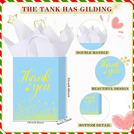W WINTMING 16 Pcs Thank You Gift Bags with Handle Gold Star Karft Paper Bags Party Favor Bag for Wedding, Birthday, Business, Shopping Wrapping Bag (Blue)