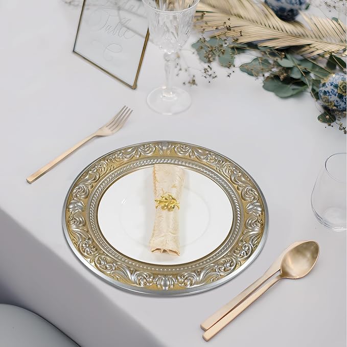 MAONAME 13" Round Charger for Dinner Plates, Gold Plate Chargers Set of 6, Charger Plates with Embossed Rim, Plastic Table Chargers for Wedding