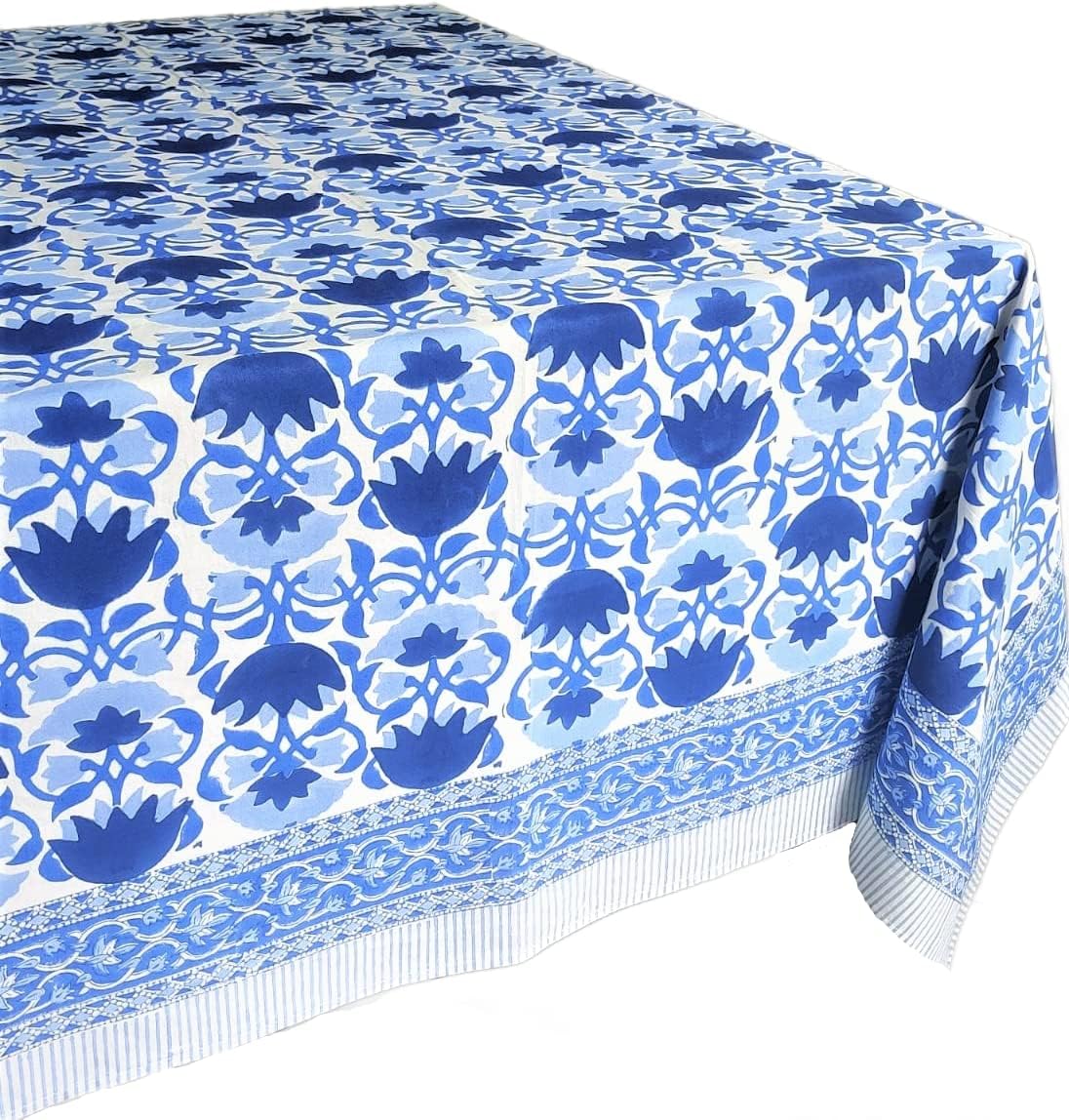 ATOSII Positano Blue 100% Cotton Rectangle Fall Tablecloth, Handblock Floral Linen Table Cloth for Kitchen Dining Table I Parties Wedding Christmas Thanksgiving I Fall Decor 60 X 108 Inches