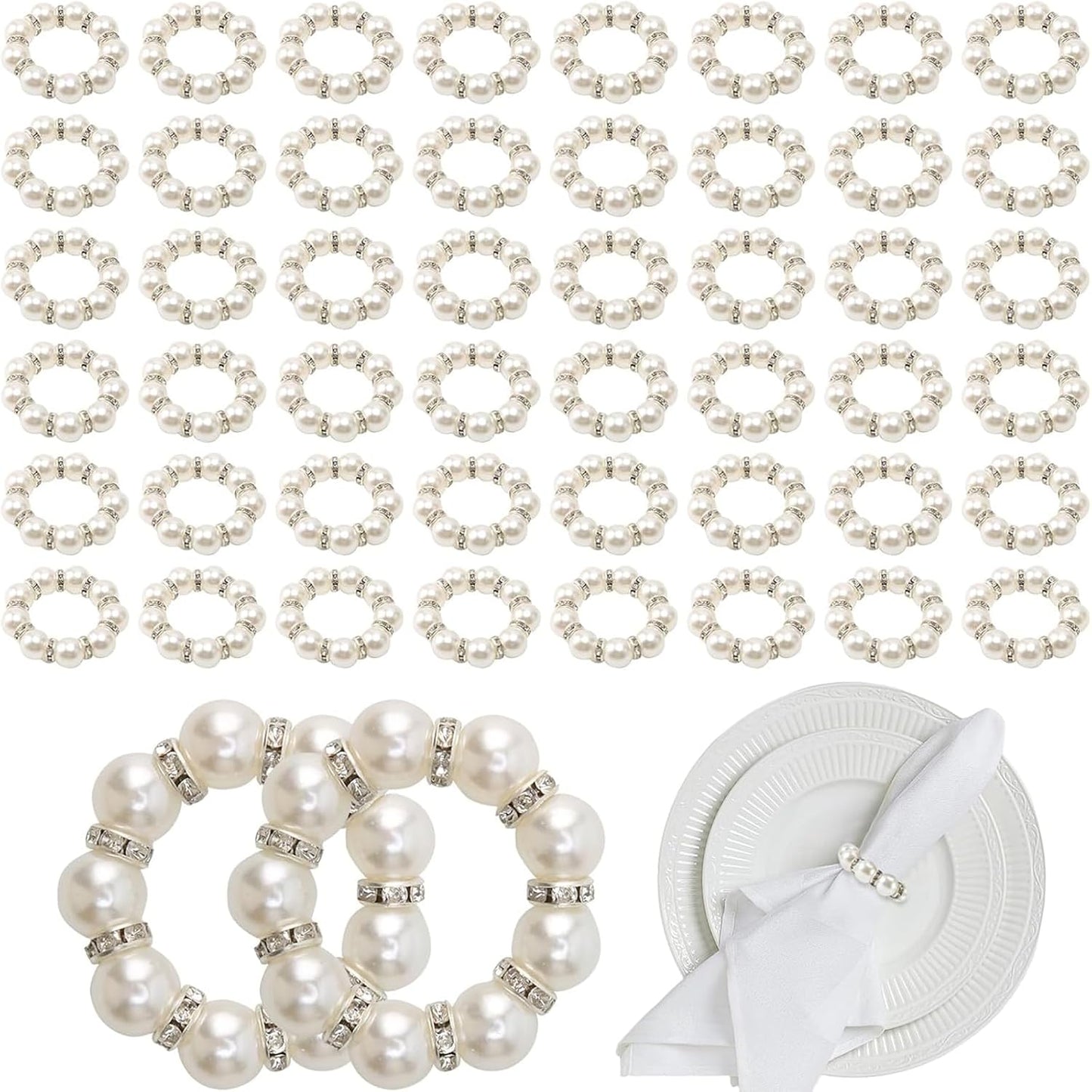 DaMohony 100pcs Pearl Napkin Rings, Silver Elastic Stretched Serviette Rings Buckle, Imitation Serviette Beaded Napkin Rings for Wedding Party Dining Table Decor