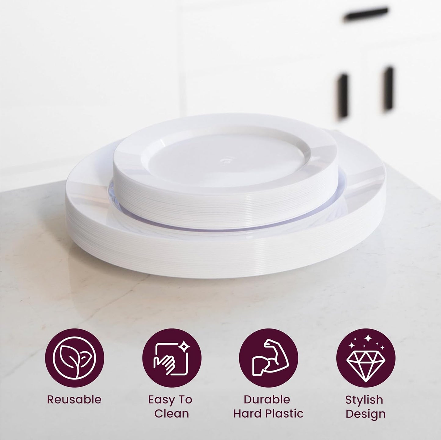 Pack of 60 White Plastic Plates - Aya's Heavy Duty Disposable Set of 30 Dinner and 30 Salad Plates - Durable Round Plastic Dinnerware Set for Parties and Events