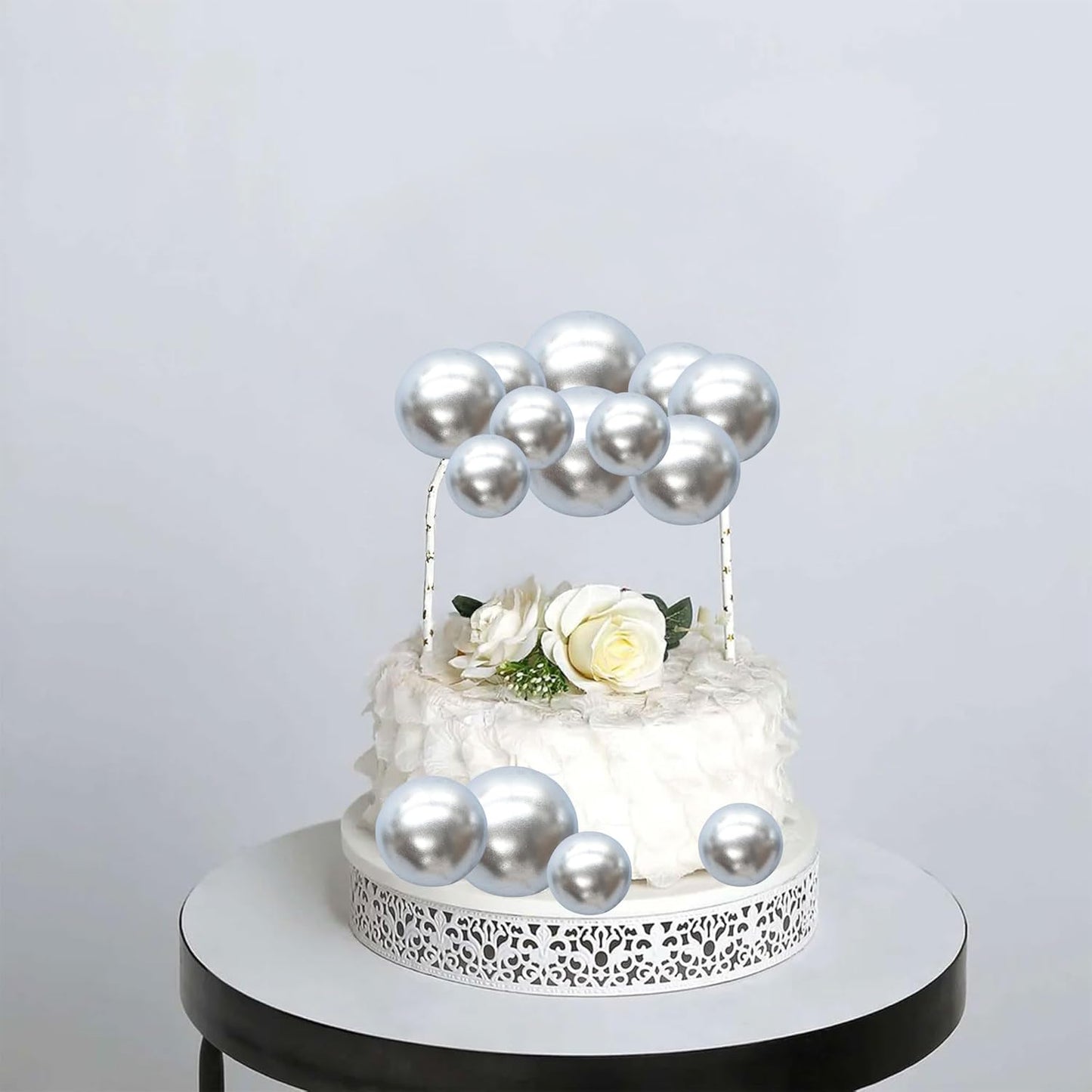 Gyufise 30Pcs Mini Balloon Cake Topper Foam Ball Cake Picks Cupcake Faux Pearl Balls DIY Cake Insert Topper Decoration for Anniversary Graduation Birthday Party Baby Shower Silver