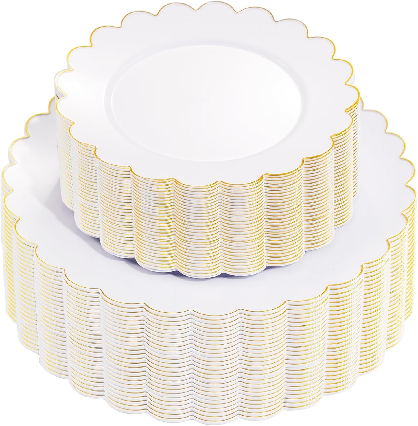 supernal 100PCS Gold Scalloped Plastic Plates -White and Gold Disposable Plates for Party Wedding -Include 50PCS 10.25inch Dinner Plate,50PCS 7.5inch Gold Dessert/Salad Plate for Birthday