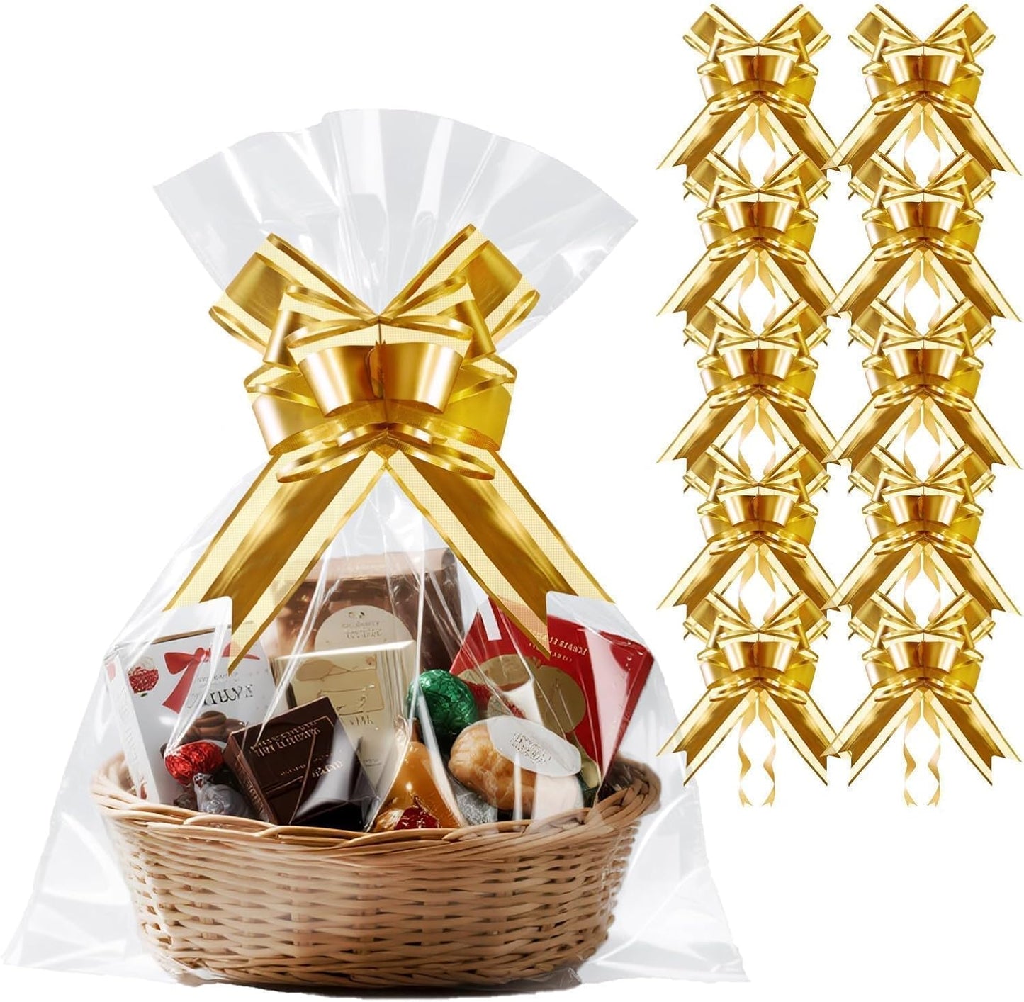 PigPotParty 16"x24" Clear Cellophane Gift Bags - Includes Bows – 10 Pack Cellophane Wrap for Gift Baskets, Plastic Gifts Bags for Gift Giving