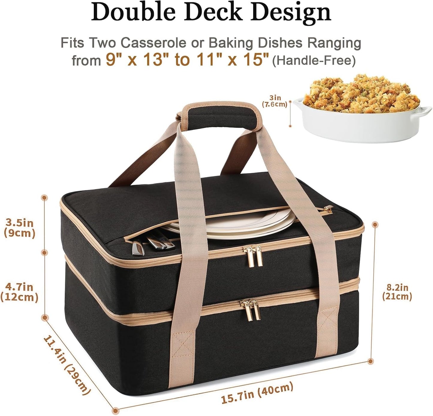 Joyfol Day Double-Decker Insulated Casserole Carrier - Casserole Dish Carrier Hot/Cold Food Tote for Potlucks, Fits 9x13 & 11x15 Pans (Handle-Free) with Heatproof Mat, Black