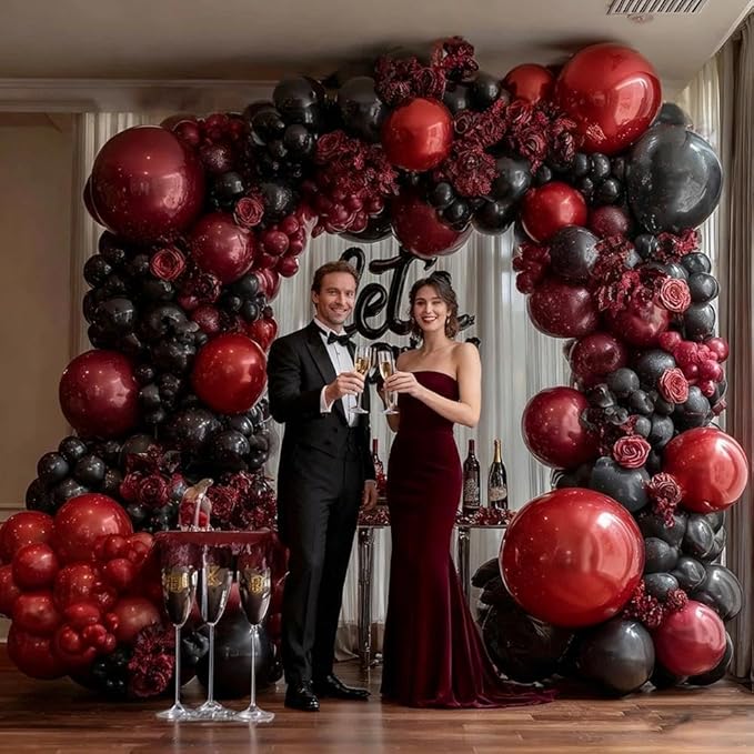 Black Red Balloon Arch Double Stuffed Black Burgundy Maroon Balloons Dark Ruby Red Metallic Balloon Garland Kit for New Year Birthday Wedding Valentines Anniversary Graduation Party Decorations