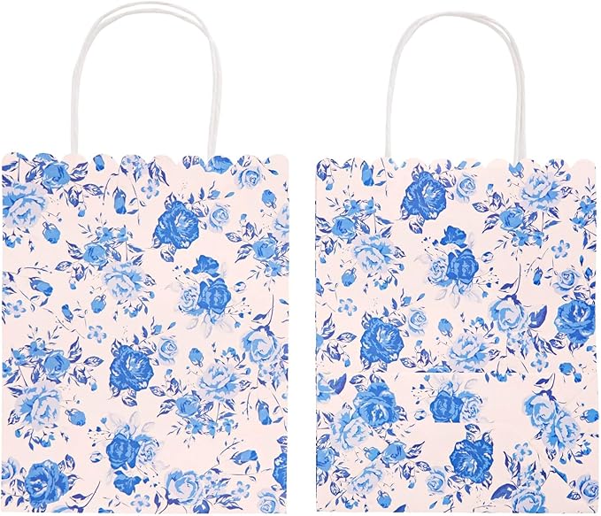 Sparkle and Bash Floral Party Favor Bags - 24-Pack, 10 x 8 x 4 In, Blue & Pink - Reusable Paper with Handles for Thank You Gift Bags at Wedding, Bridal & Baby Shower