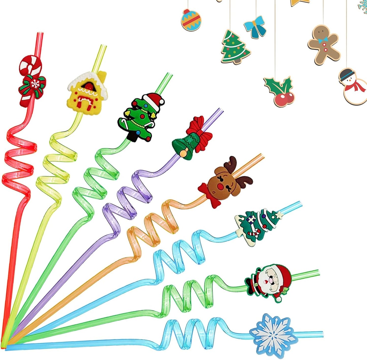 30 Pcs Christmas Drinking Straws Reusable with Cartoon Decorations, Xmas Theme Party Plastic Straw, Santa Claus Snowman Christmas Tree Straws for Kids Adults Christmas Party Supplies, 15 Styles