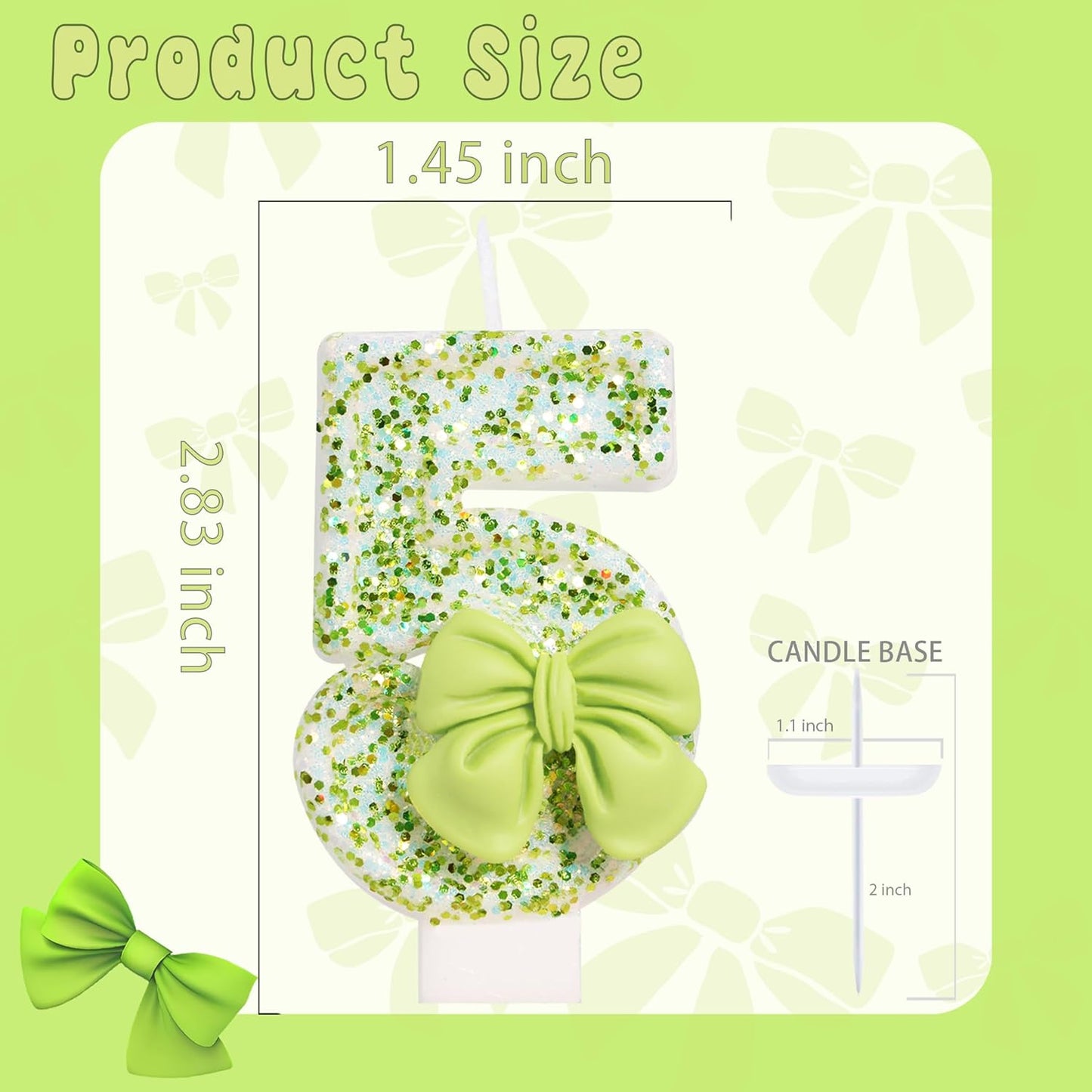 Birthday Candle for Cake, Green Bow Number Cake Candles, 2.76 inch Cake Topper Decoration for Birthday Party (Number 5)