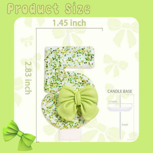 Birthday Candle for Cake, Green Bow Number Cake Candles, 2.76 inch Cake Topper Decoration for Birthday Party (Number 5)