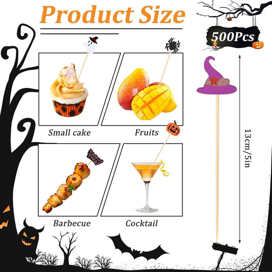 500 Pieces Halloween Cocktail Picks Bamboo Sticks Long Toothpicks for Appetizers for Drinks 4.7 Inch Bamboo Skewers for Appetizers Charcuterie Boards Accessories