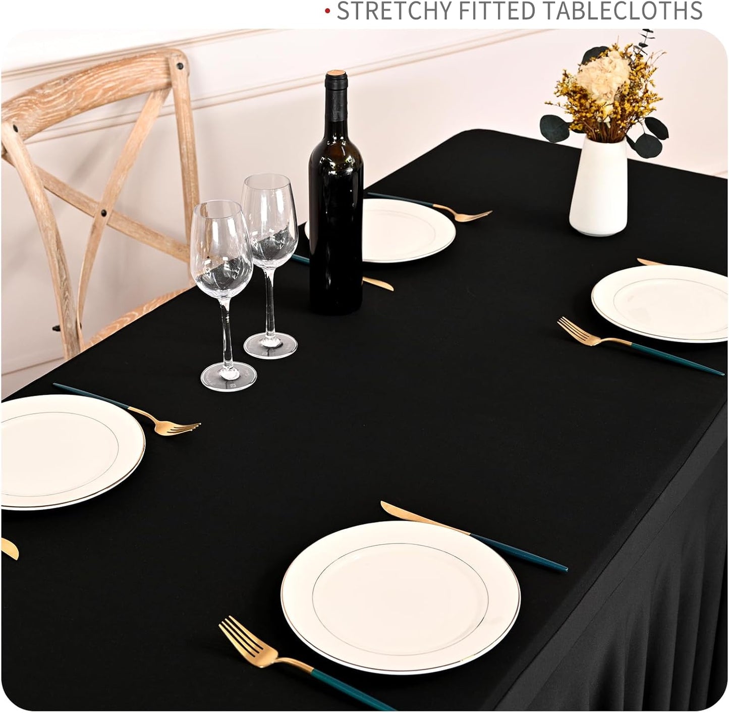 2 Packs Black Stretch Table Skirts for 6 Foot Rectangle Table, Washable Spandex Stretch Tablecloths with Skirt, Wrinkle Resistant Fitted Tablecover for Wedding Party Banquet