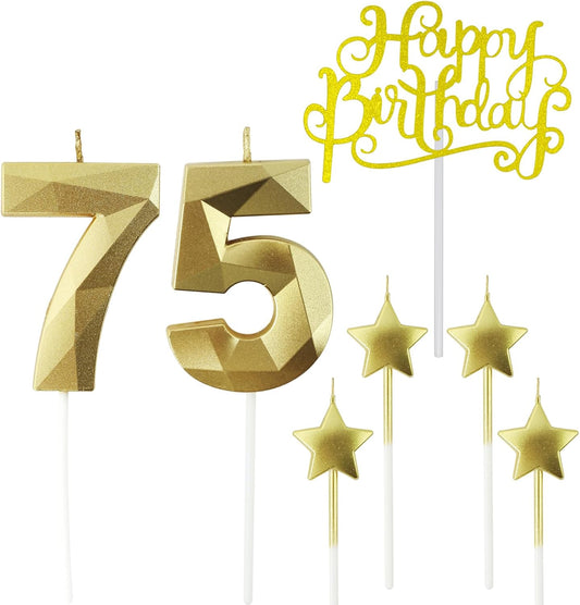 Golden Number 75 Birthday Candles and Star Birthday Candles 2.76 inch Birthday Cake Candles 3D Diamond Shaped Candles are Suitable for Birthday Parties and Anniversary Cake Decorations Candles
