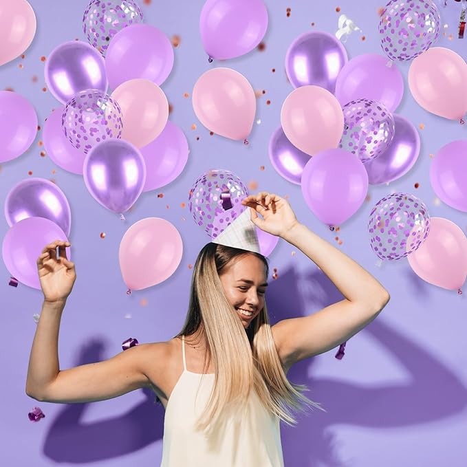Biapian Purple Party Balloons Set, 12inch Lavender Balloon Pastel Purple-Lilac Ballons Metallic Confetti Purple Balloons For Girls Birthday Baby Shower Bridal Wedding Party Decorations