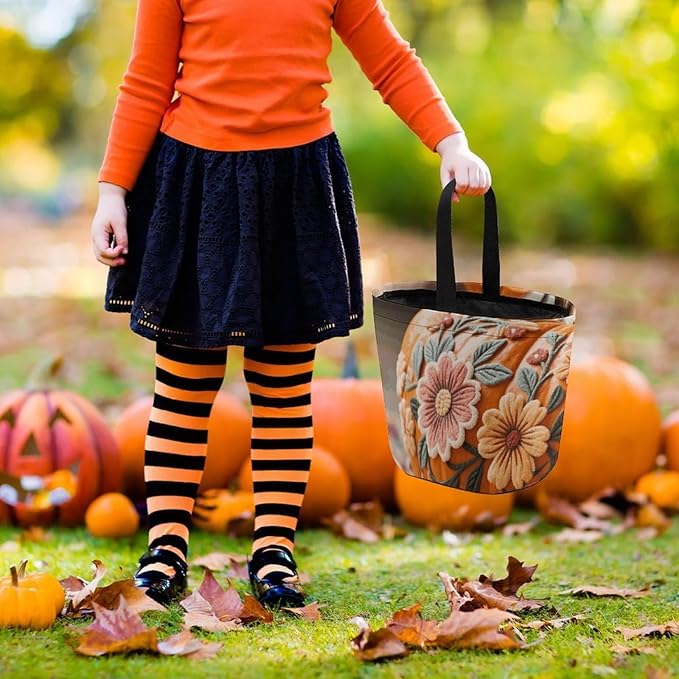 Halloween Candy Bucket - Fall Pumpkin Ethic Boho Floral Trick Or Treat Candy Bag, Gift Bag for Party Favor Supplies