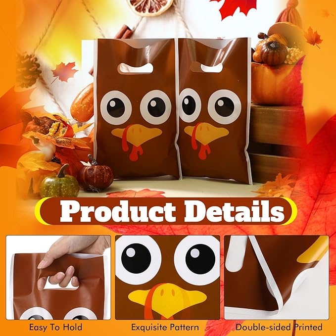 Supervitae 100 Pcs Thanksgiving Turkey Plastic Gift Bags Bulk Fall Party Favor Bags with Handles for Fall Autumn Birthdays Weddings Snacks Goodie Candy Treat Party Favors Supplies
