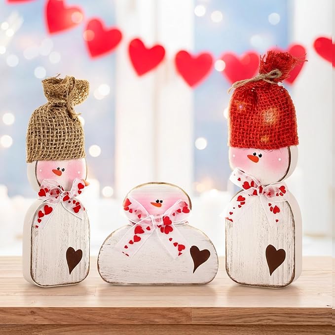6 Pcs Valentines Day Wood Snowman Table Decorations Winter Snowman Tabletop Block Sign Rustic Farmhouse Xmas Tiered Tray Decor for Christmas Winter Holiday Home Office Shelf Party Decor