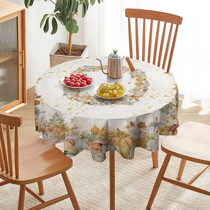 YCness Fall Tablecloth Thanksgiving Autumn Harvest Orange Watercolor Pumpkin Leaves Table Cover for Party Picnic Dinner Decor 60x60 Inch Round