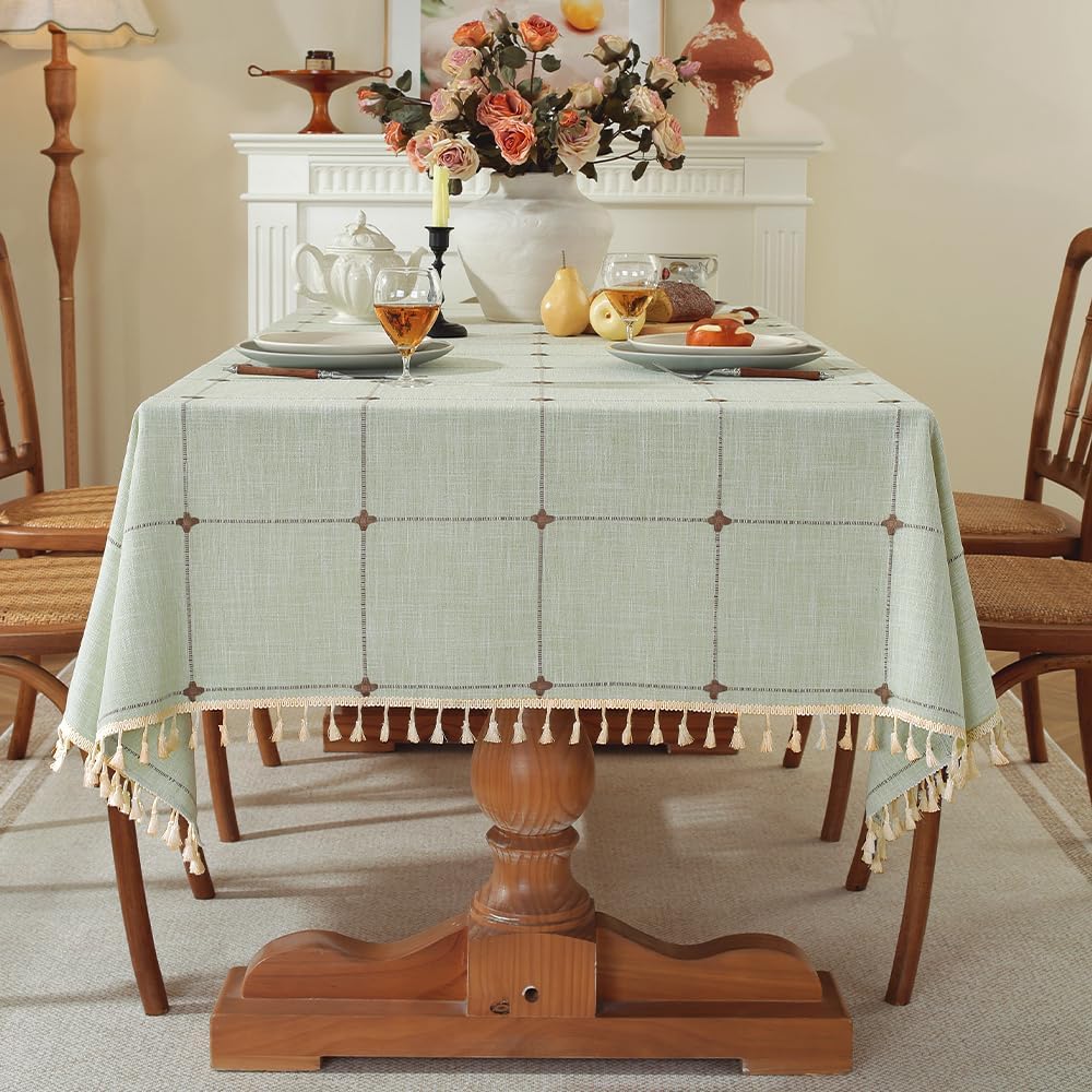 Pahajim Rustic Linen Tablecloth Cotton Rectangle Table Cloth for Kitchen Dining with Tassel Plaid Waterproof Tablecloths Rectangle/Oblong,55''x87'', 6-8 Seats