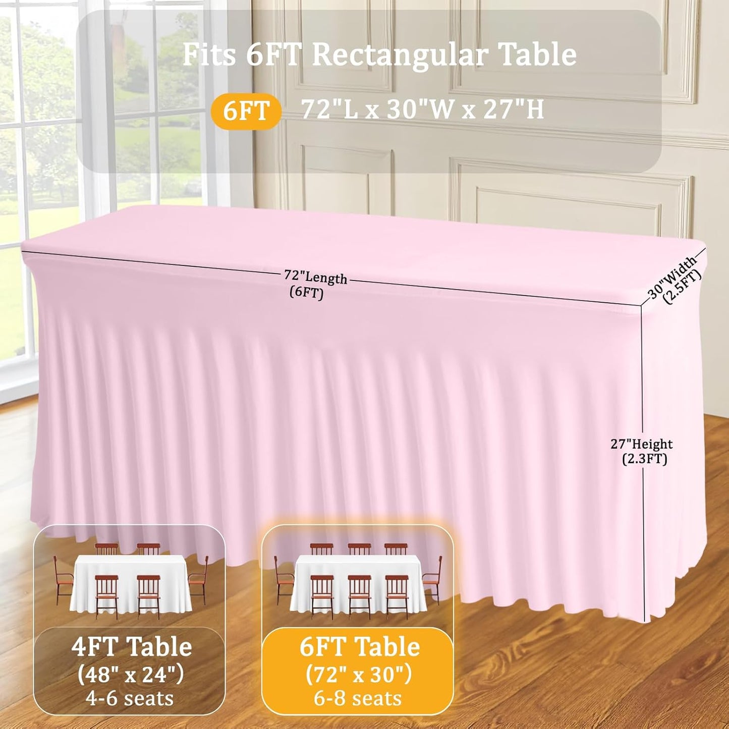 JCJ Table Skirt for Rectangle Tables Set of 4 Spandex Fitted Pink Tablecloths for 6FT Tables, Wrinkle Resistant Ruffles Elastic Table Cover Skirts for Weddings Banquets Parties Teacher Desk