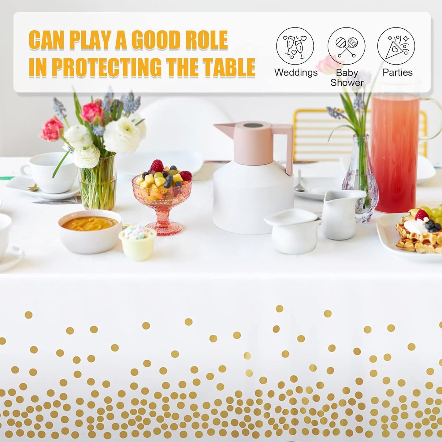 Tablecloths for Rectangle Tables,3 Pack 54" X 108" Plastic Table Cloth Disposable Table Covers Engagement Party Decorations, White Gold Dot Tablecloths Disposable Tablecloth for Weddings Buffet Tables