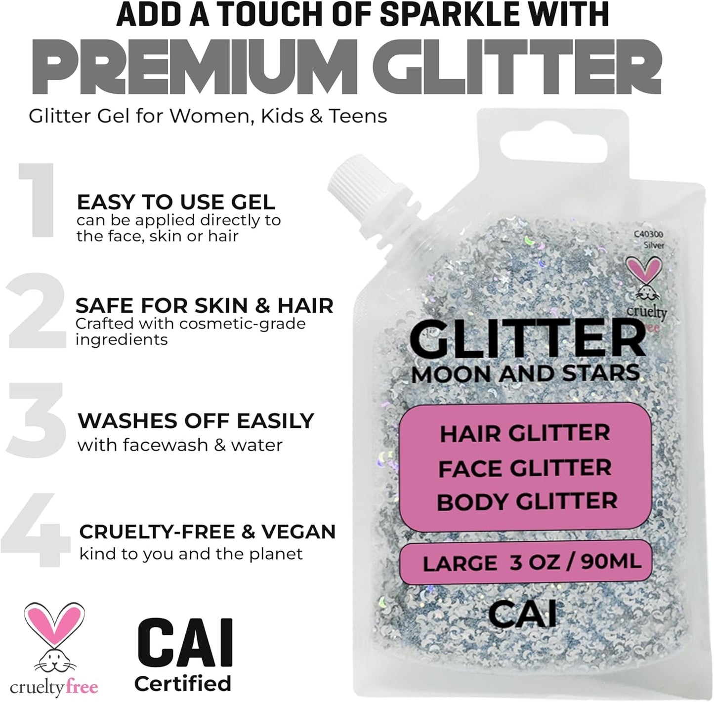 Face, Body & Hair Glitter Gel – Halloween Glitter for Kids and Women – 3 Oz Cosmetic-Grade Gel w/Moon & Stars for Festivals & Halloween Party, Easy Apply & Wash Off - Rose/Stardust Pink 2Pack