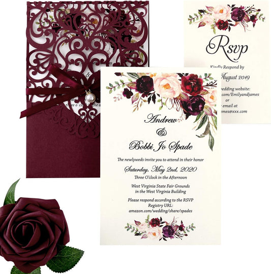 5X7.2 Inch 50PCS Personalized Laser Cut Burgundy Wedding Invitations with RSVP Cards and Envelopes, Wedding Invitation Cards with Ribbon Belly Band Pearl Embellishments