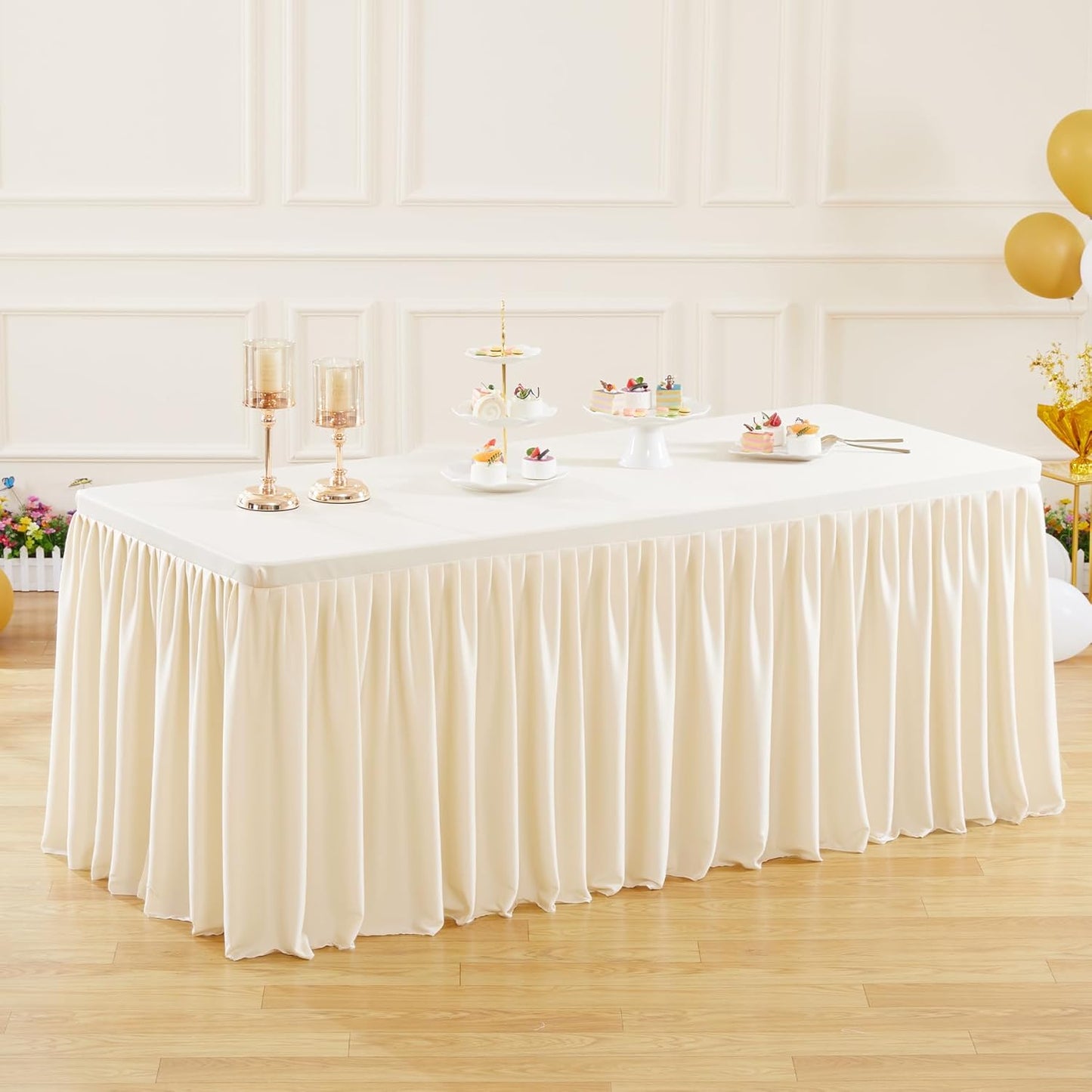 3 Pack Light Champagne Polyester Table Clothes for 6 Foot Rectangle Tables, Wrinkle Free Fitted Table Cover with Pleated Ruffle Table Skirt for Party Baby Shower Wedding Birthday Event Display