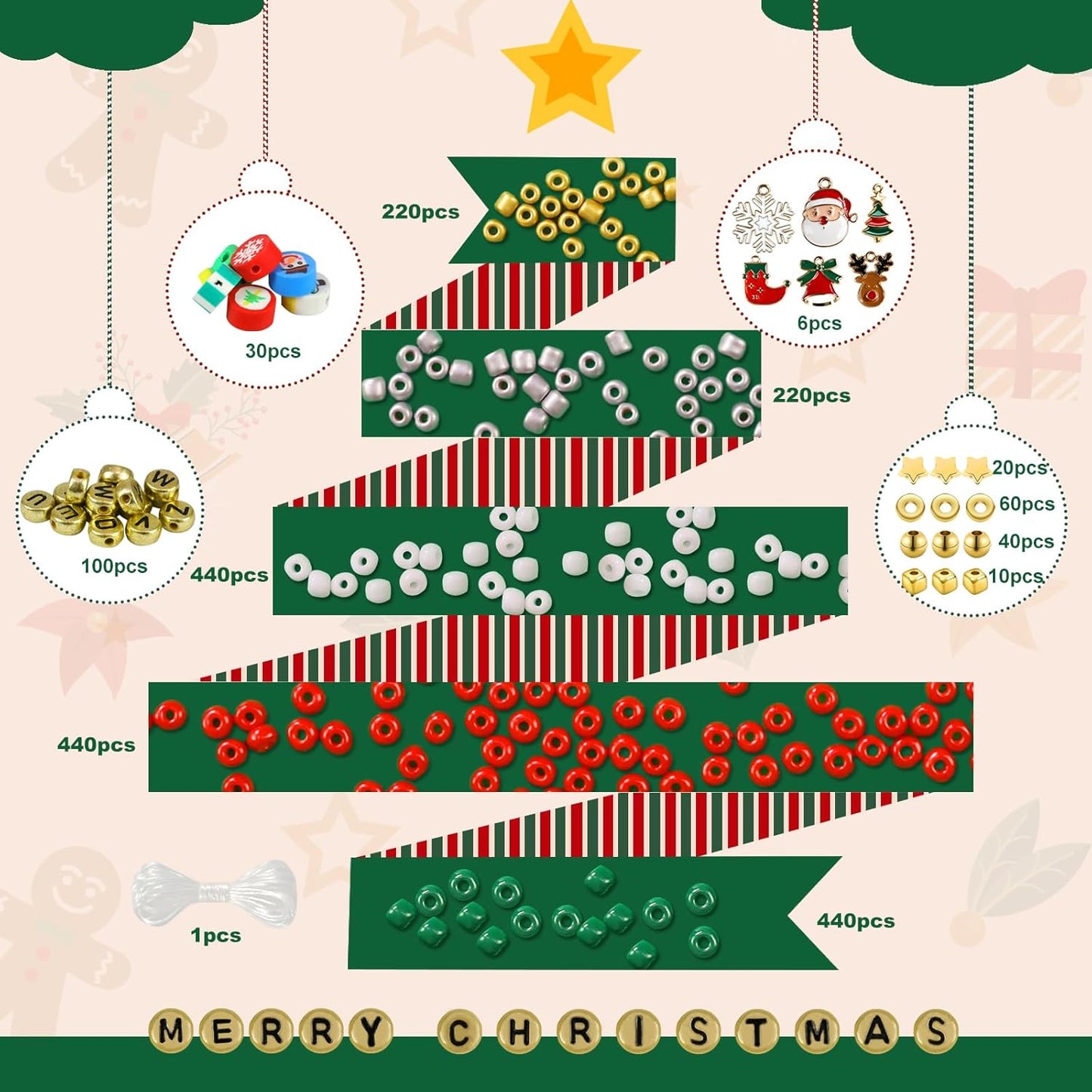 Redtwo Christmas Bracelet Making Kit, 2100 Pcs 4mm GlassSeed Beads Friendship Bracelet Kit, Holiday DIY Craft with Christmas Charms, Gifts for Crafts Lover