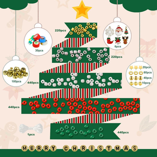 Redtwo Christmas Bracelet Making Kit, 2100 Pcs 4mm GlassSeed Beads Friendship Bracelet Kit, Holiday DIY Craft with Christmas Charms, Gifts for Crafts Lover