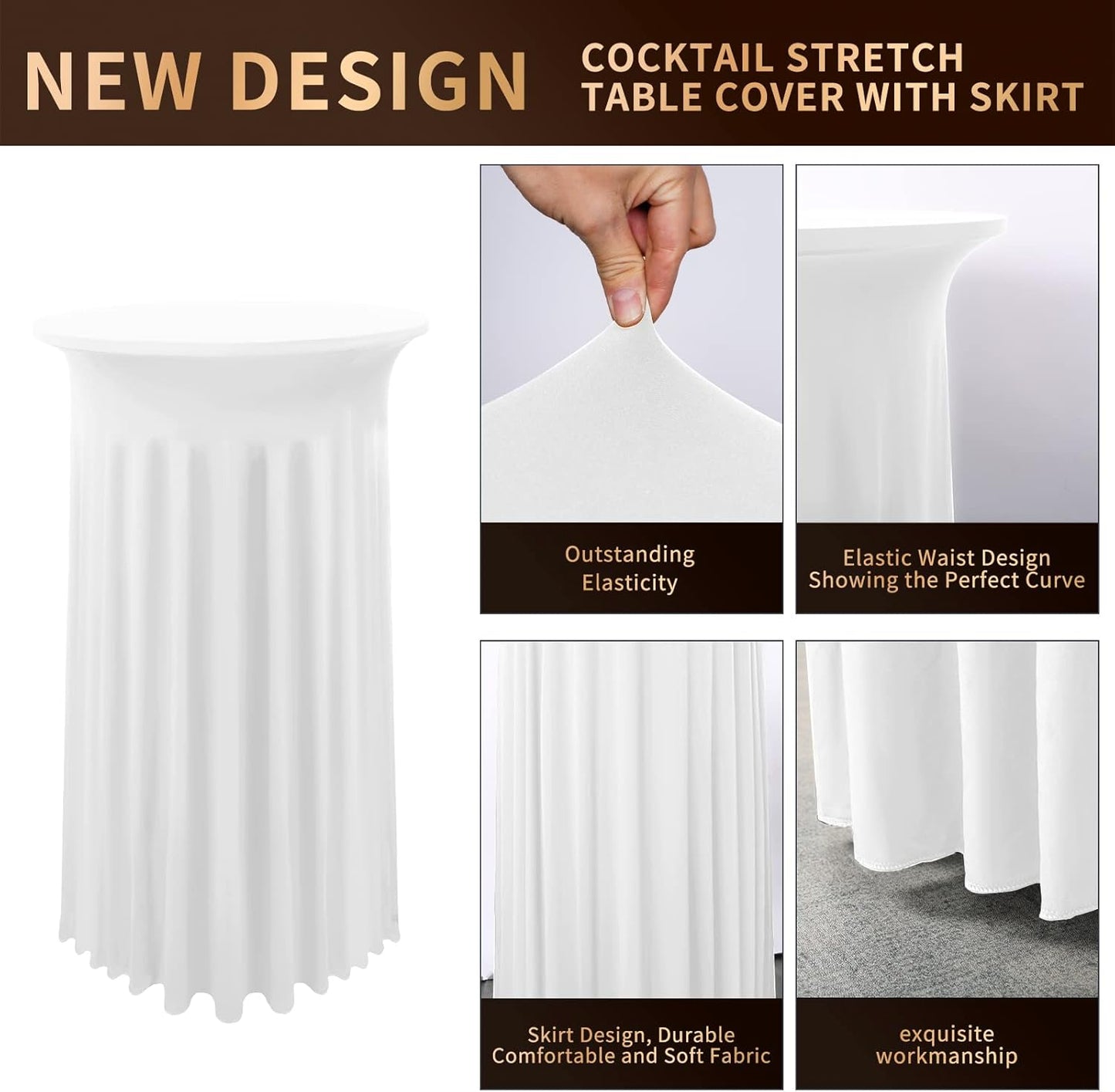 2 Packs White Round Spandex Stretch Tablecloths with Skirt, 24x43, Upgraded Model - Fitted High Top Stretch Table Dress for Party, Wedding, Banquet