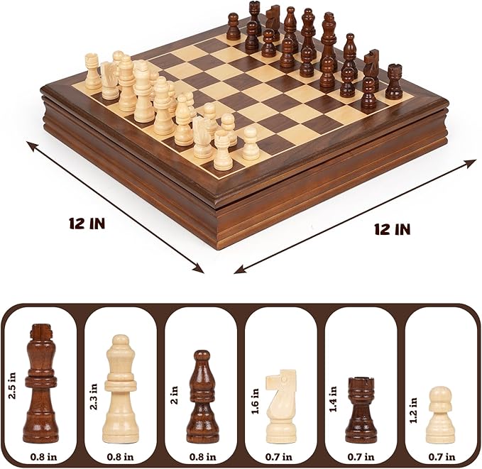 Magnetic Wooden Chess Set for Adults and Kids 12'' Chess Board with Handmade Magnetic Chess Pieces with 2 Extra Queens, Classic Strategy Game, Educational Board Game Gift