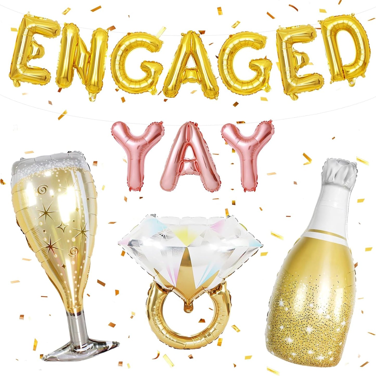 Gold Engagement Party Decorations, Engaged Yay Balloons Letters Banner, Diamond Ring White Champagne Bottle Balloon Glass Foil Balloon for Bachelorette Engagement Wedding Bridal Shower Party Supplies