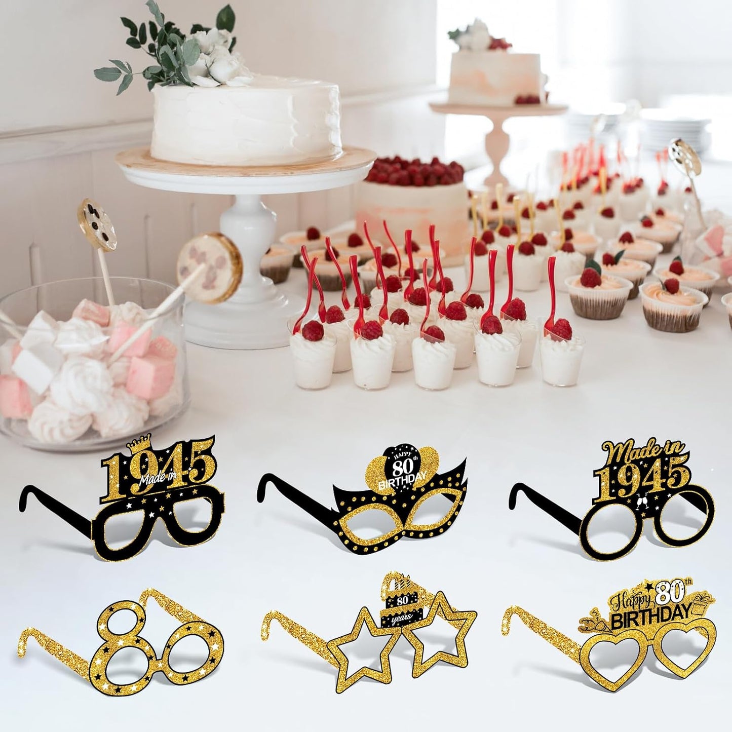 24Pcs 1945 80th Birthday Paper Glasses Decorations for Men Women - Black Gold Happy 80th Birthday Paper Eyeglasses Photo Props, Vintage 1945 Eighty Years Old Birthday Party Supplies