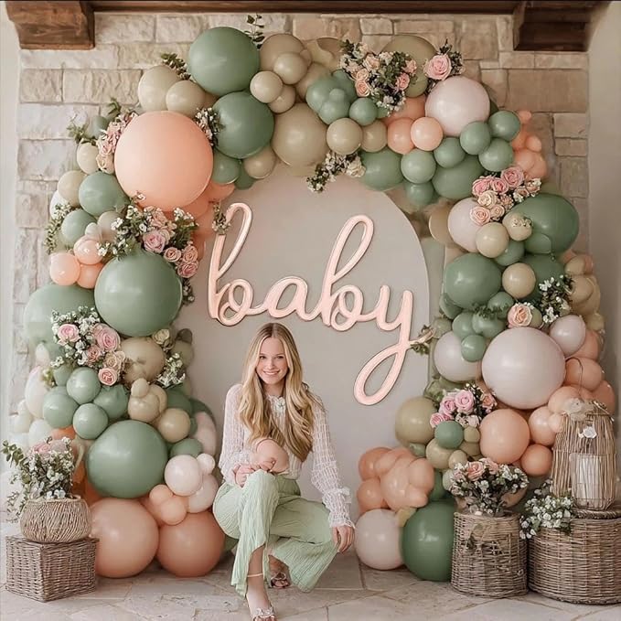 Dusty Green Pink Balloon Garland Double Stuffed Blush Pink Cream Sage Green Peach Sand White Balloon Arch Kit for Baby Bridal Shower Wedding Birthday Spring Party Decoration