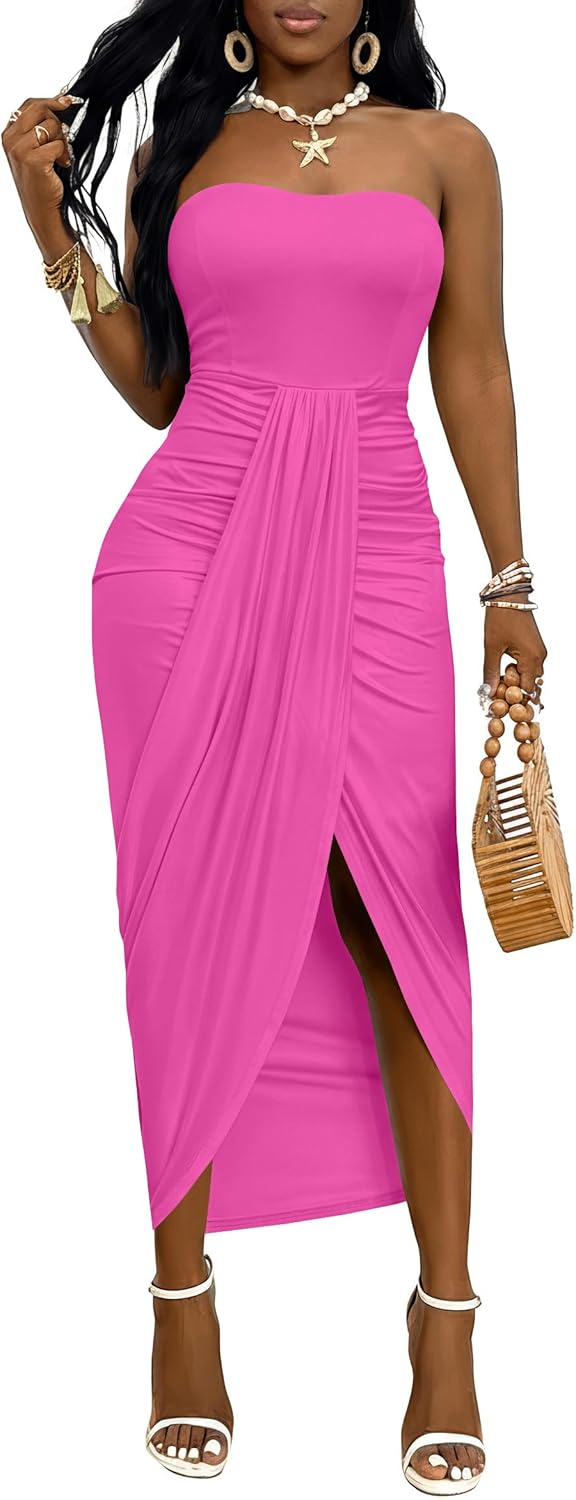Umenlele Women's Strapless Ruched High Waist Wrap Split Asymmetrical Beach Maxi Long Dress