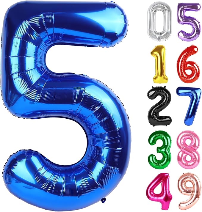 Metallic Blue Number 5 Balloon 40 Inch, 5th Birthday Party Decorations for Children, Giant 5 Foil Balloon for Party Supplies