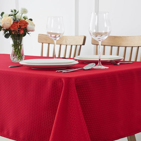maxmill Rectangle Tablecloth Weaved Design Water Resistant Wrinkle Free Spill-Proof Soft Table Cloth for Dining Room Decoration, Banquet, Christmas Holiday Dinner, 52 x 108 Inch, Red