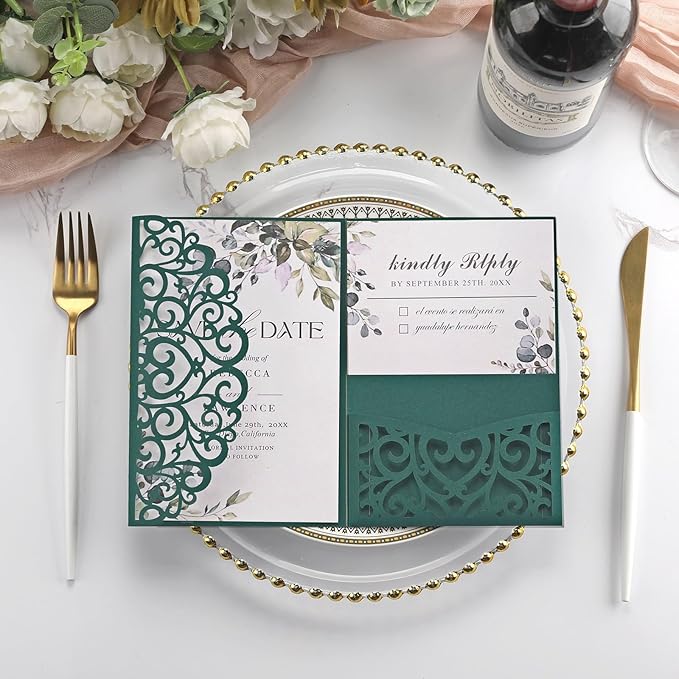 AdasBridal 50PCS Green Wedding Invitations with Envelopes and Rsvp Cards Laser Cut Invitations 4.9x7.1 Customized Invitation Cards Pearl Paper Inserts for Wedding Quinceanera Bridal Shower Party