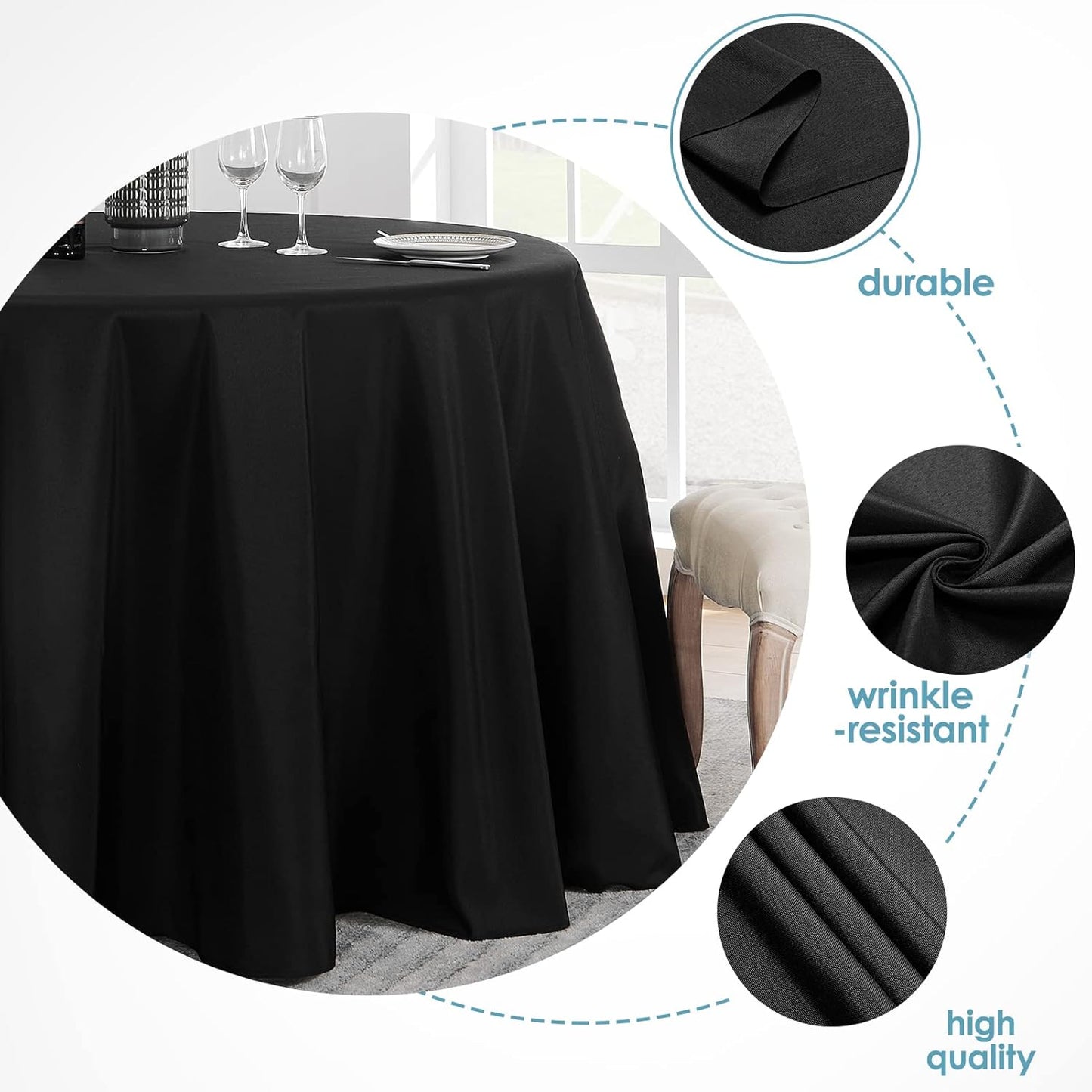 VidaFete 90inch Round Tablecloth Polyester Table Cloth，Stain Resistant and Wrinkle Polyester Dining Table Cover for Kitchen Dinning Party Wedding Rectangular Tabletop Buffet Decoration(Black)
