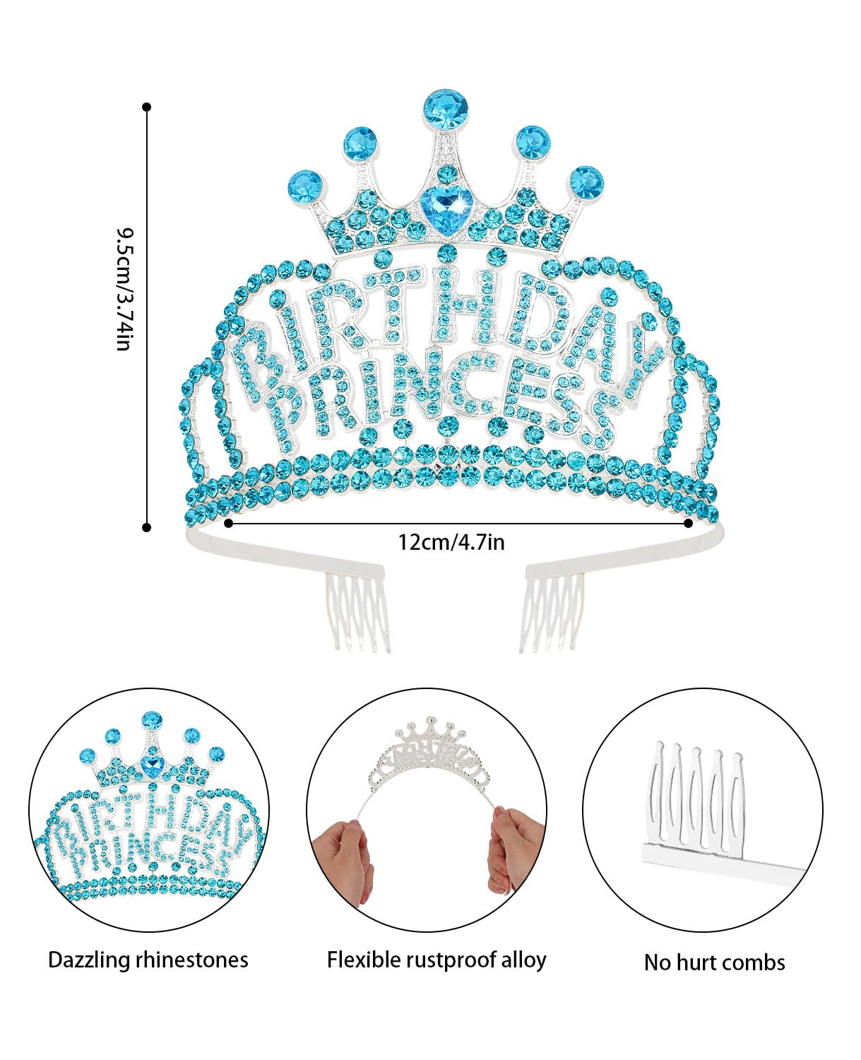 Wecoe Birthday Crown Blue Princess Rhinestone Tiara with Combs Happy Birthday Party Favors Pink Decorations 16th 18th 21st 25th Gifts for Her