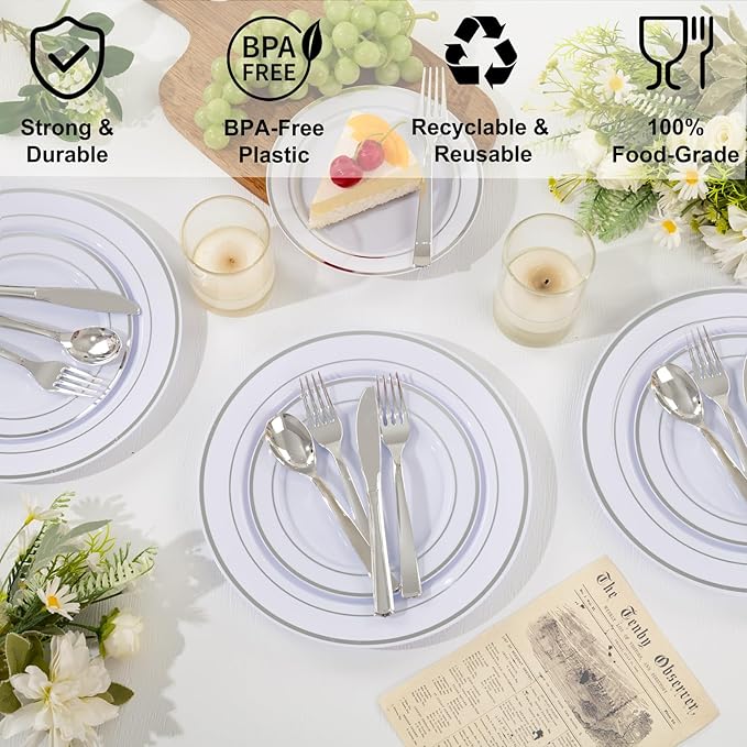 100Pcs White Plastic Dessert Plates, Disposable Salad Plate with Silver Rim, Premium Hard Fancy Small Plates, Heavy Duty Plastic Cakes Plates for Party, Wedding and Birthday
