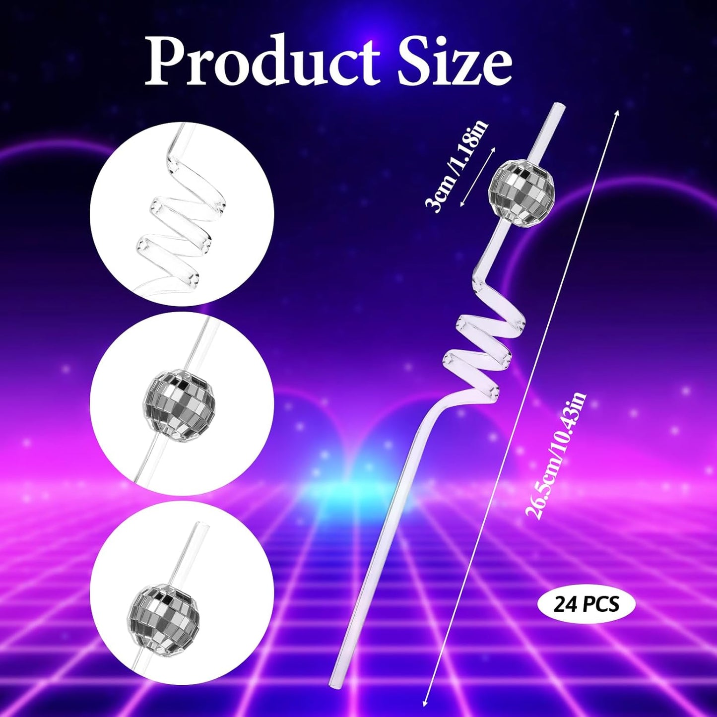 Giantree 24PCS Disco Ball Straws 70s Disco Ball Straws Mini Disco Ball Decor Reusable Straw Plastic Straws Reusable for Disco Party Decorations Birthday Wedding Cocktail Cup Decoration Silver