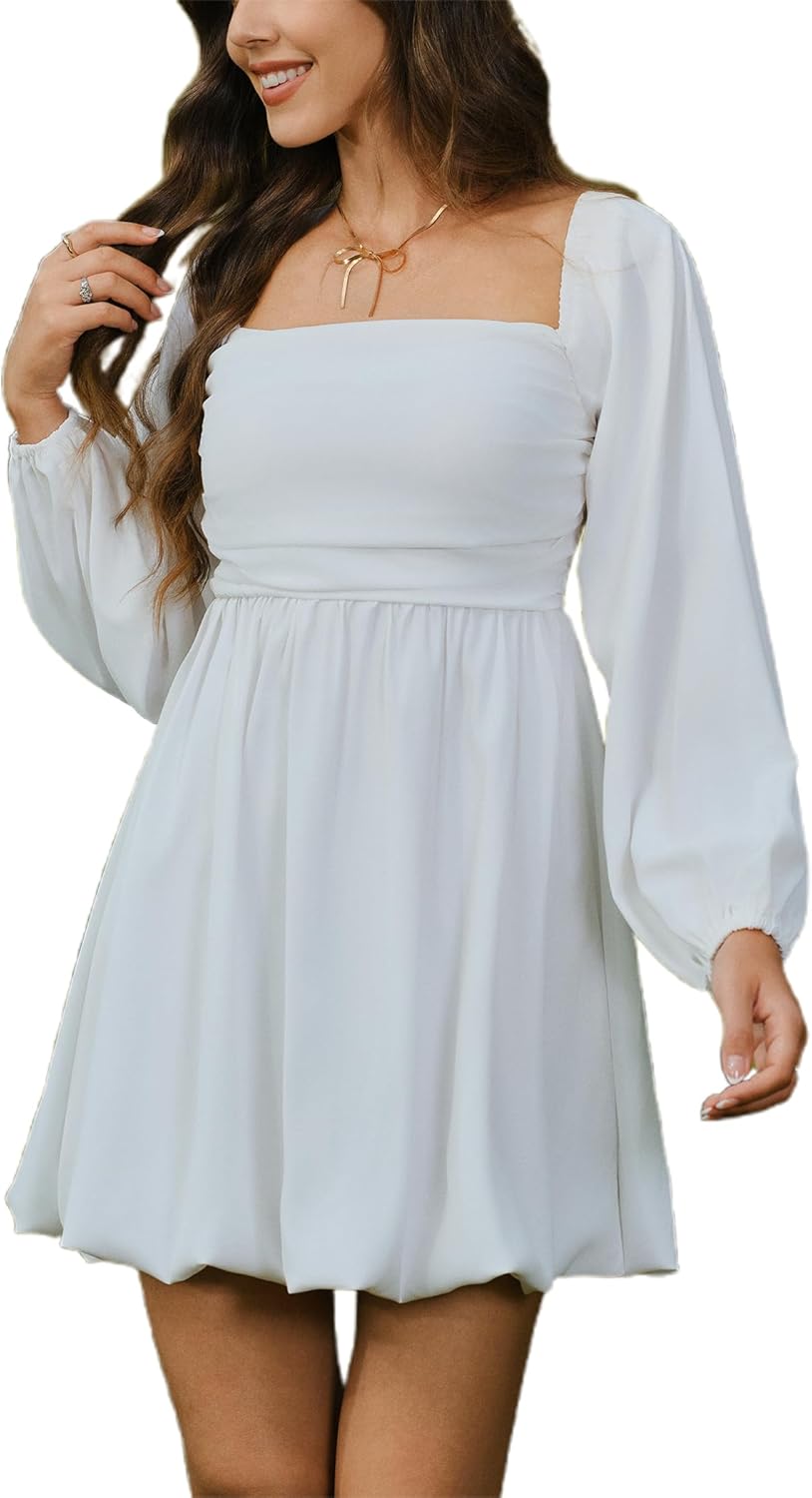 HYPERFIRE Women's Square Neck Pleated Long Sleeve Mini Dress Smocked A Lind Bubble Wedding Dresses