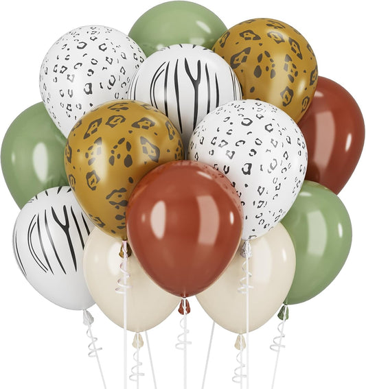 Sage Green Beige Balloons Coffee Brown Geen White Balloons for Jungle Safari Party Lion Birthday Decorations 12INCH Green White Brown Helium Latex Balloon for Arch Forest Animal Wild One Decor