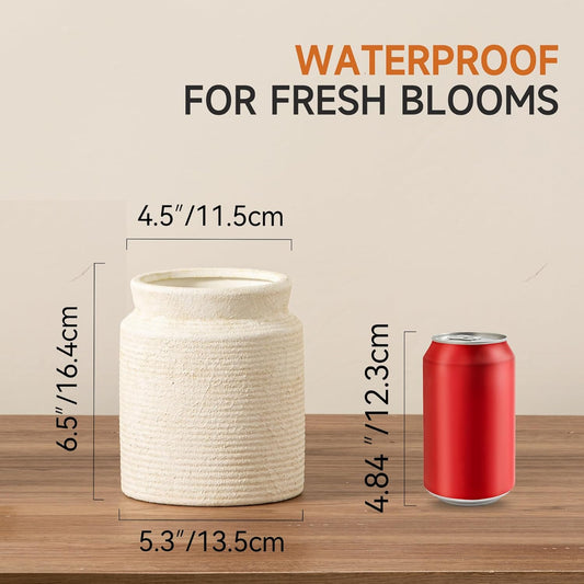 Ceramic Flower Vase 6.5 inch Farmhouse Rustic Vase for Home Decor Handcrafted Pottery Vase Small Terracotta Vases for Dining Table Decor Fireplace Living Room Bathroom Wedding Centerpiece (02-White)