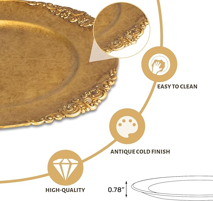 MAONAME Antique Gold Charger Plates, Round Antique Plate Chargers for Dinner Plate, 13" Plastic Charger for Plates, Wedding Table Setting, Set of 6
